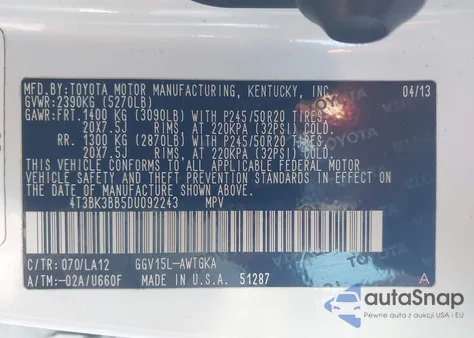 2013 Toyota Venza Limited V6 from USA, damaged, VIN 4T3BK3BB5DU092243